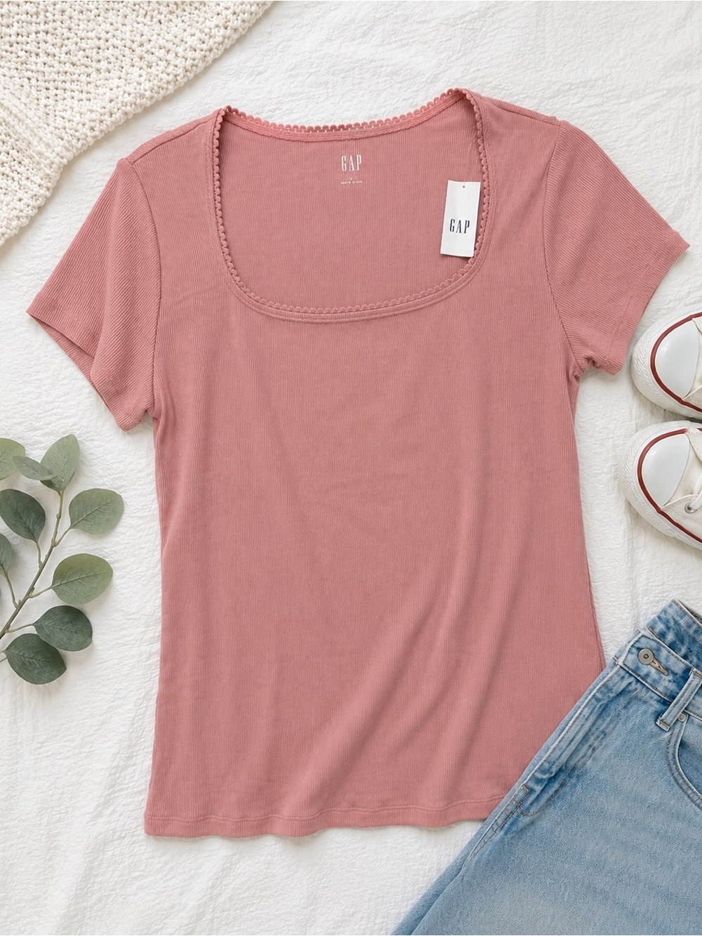 GAP Women's Short-Sleeve Ribbed Scoop Top - Rose - Picture 2 of 5